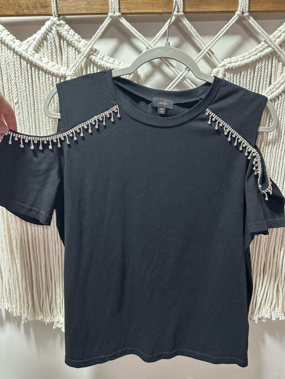 Marshalls Black Cold-Shoulder Tee with Beaded Trim